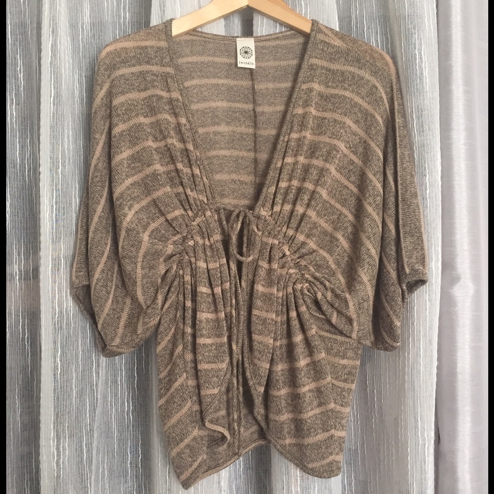 Eileen Fisher Taupe & Cream Stripe Lightweight Knit Cardigan